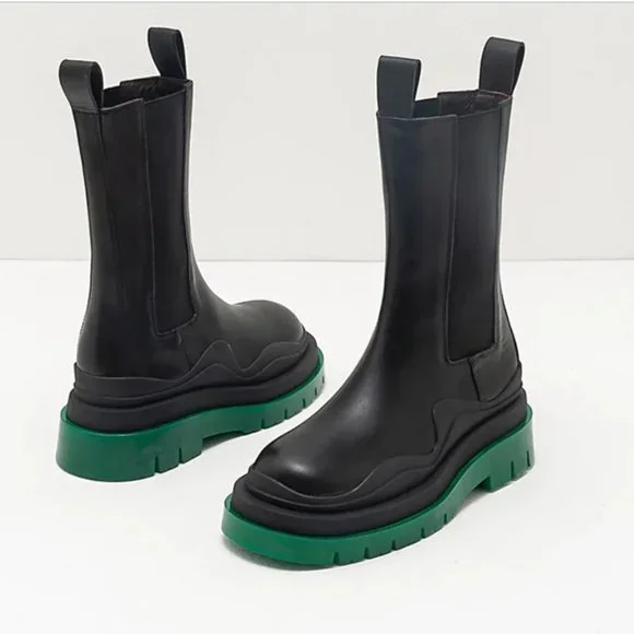 Black Leather w/Green Sole Lug Boots - Picture 2 of 3
